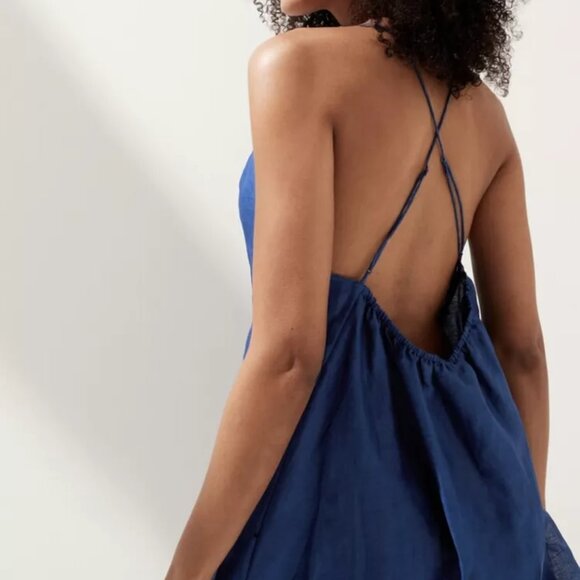 NWT Banana Republic MP Lapis Blue Lightweight Belted Backless Ramie Halter Dress - Picture 2 of 6